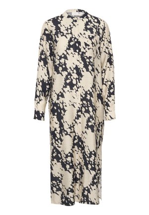 Abito lungo, con bottoni, di colore crema con un motivo astratto nero. Caratterizzato da colletto alla cinese e maniche lunghe, realizzato in tessuto morbido.