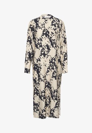 Abito lungo, con bottoni, di colore crema con un motivo astratto nero. Caratterizzato da colletto alla cinese e maniche lunghe, realizzato in tessuto morbido.
