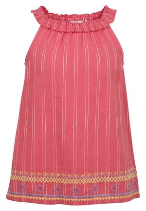 Haut rose sans manches avec un col à volants, des rayures verticales blanches, et une broderie géométrique bleue et jaune le long de l'ourlet inférieur.