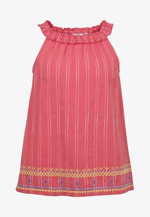Haut rose sans manches avec un col à volants, des rayures verticales blanches, et une broderie géométrique bleue et jaune le long de l'ourlet inférieur.