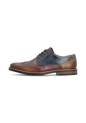 Men’s lace-up dress shoe in brown, burgundy, and navy leather with brogue detailing and stacked heel.
