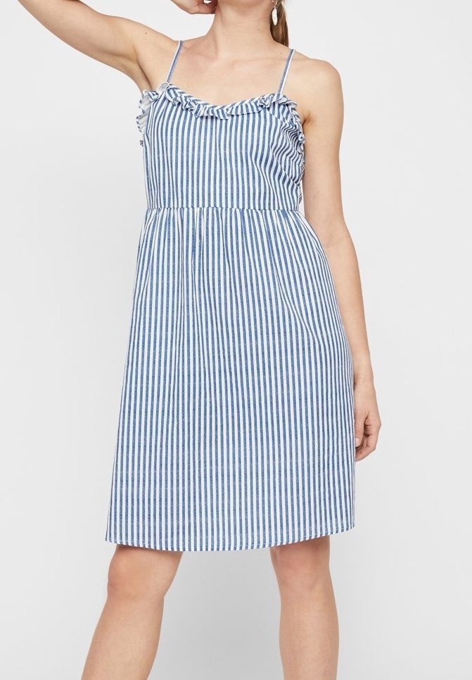 Robe rayée bleu et blanc avec encolure à volants, bretelles fines et silhouette évasée en A, confectionnée dans un tissu léger.