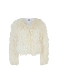 Kuttet elfenbensfarget fuskepelsjakke med en fluffy tekstur, lange ermer og V-hals. Foret innside, ingen lukking og mykt utseende.