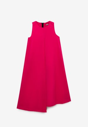 Bright pink sleeveless dress with a high neckline, featuring a front pleat and a back zipper. Smooth fabric and A-line silhouette.