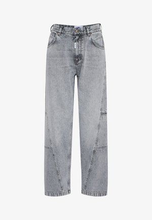 Lysegrå denimjeans med en løs pasform, der har horisontale og vertikale sømdetaljer samt klassisk fem-lomme stil.