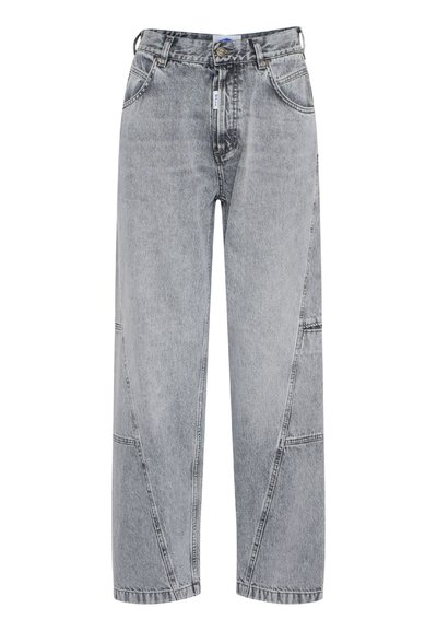 Light gray denim jeans with a loose fit, featuring horizontal and vertical seam detailing and classic five-pocket styling.