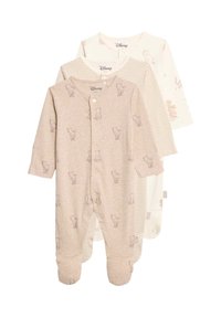 Tres bodies para bebé con mangas largas. Beige con estampados de ositos, crema con sutiles estampados de animales y un diseño a rayas claras. Tejido suave.