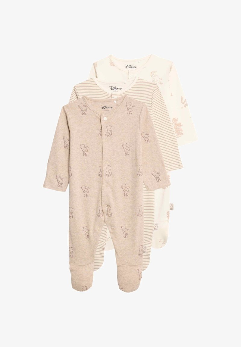 Tres bodies para bebé con mangas largas. Beige con estampados de ositos, crema con sutiles estampados de animales y un diseño a rayas claras. Tejido suave.