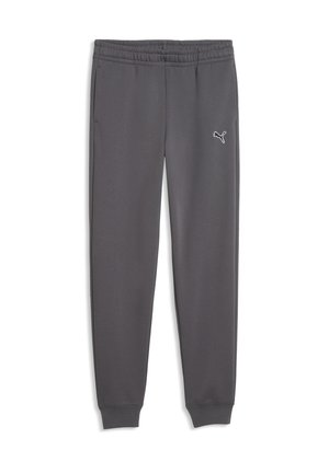Dunkelgraue Sweatpants mit elastischem Bund, Seitentaschen, Bündchen an den Knöcheln und einem kleinen weißen Puma-Logo am oberen linken Bein.