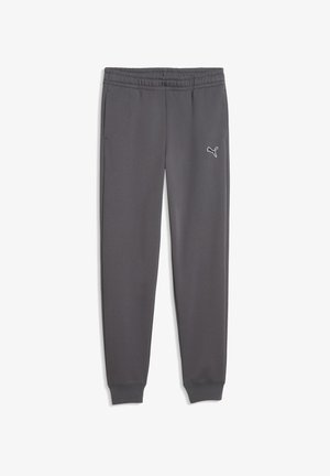 Dunkelgraue Sweatpants mit elastischem Bund, Seitentaschen, Bündchen an den Knöcheln und einem kleinen weißen Puma-Logo am oberen linken Bein.