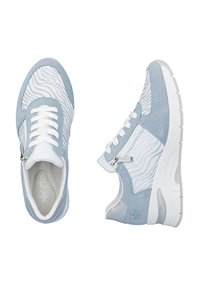 Light blue sneakers with white accents, made of suede and fabric featuring a striped pattern, with a side zipper and textured sole.