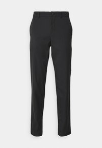 Black tailored trousers made of smooth fabric, featuring a button closure, straight-leg cut, and minimalistic design without patterns.