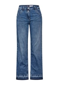 Blaue Denim-Hosen mit weitem Bein und hoher Taille, ausgestattet mit zwei Knöpfen, Fronttaschen und einem leichten Verblassungseffekt am Saum.