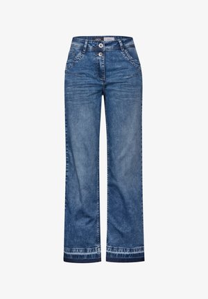 Jean en denim bleu à jambes larges et taille haute, doté de deux boutons, de poches avant et d'un léger effet de décoloration près de l'ourlet.