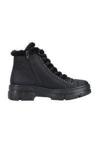 Bottines noires avec une tige synthétique texturée, bord en fourrure, lacets sur le devant et fermeture éclair sur le côté. Semelle épaisse noire avec un profil antidérapant.