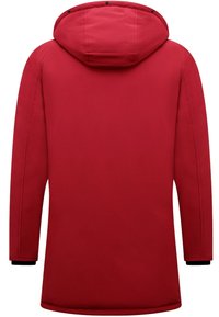 Rode parka jas met een capuchon, voorzien van een rechte snit, lange mouwen en zwarte accenten bij de manchetten. Gladde, lichtgewicht stof.