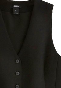 Czarna bezrękawnik z dekoltem w serek, z przodu zapinany na guziki i o gładkiej fakturze, oznaczony metką "LINDEX" w środku.