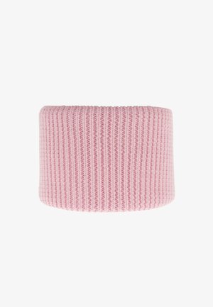 Bandeau en tricot rose avec une texture côtelée et un design large, présentant une apparence uniforme et douce sans détails ou accents supplémentaires.