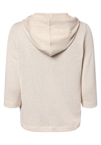 Beżowy dzianinowy hoodie z rękawami o długości trzech ćwiartek, pokazujący widok z tyłu z gładką teksturą i detalami szwów na kapturze.
