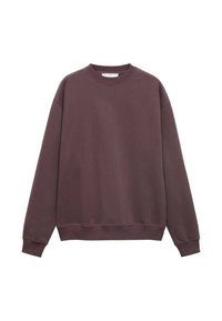 Sudadera burdeos con cuello redondo, puños y dobladillo acanalados, ajuste holgado y textura suave. Diseño minimalista, sin logotipos ni patrones visibles.