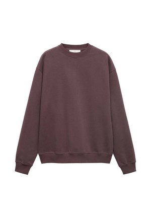 Sudadera burdeos con cuello redondo, puños y dobladillo acanalados, ajuste holgado y textura suave. Diseño minimalista, sin logotipos ni patrones visibles.