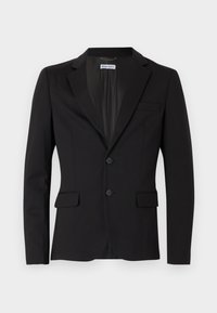 Schwarzes Blazer aus glattem Stoff, mit Reverskragen, Zwei-Knopf-Verschluss und Seitentaschen. Minimalistisches Design mit taillierter Passform.