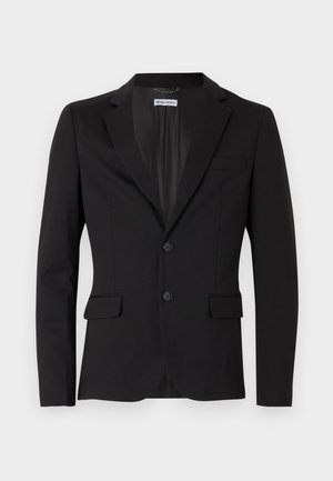 Blazer nero realizzato in tessuto liscio, con colletto a ribattuta, chiusura a due bottoni e tasche laterali. Design minimalista con vestibilità sartoriale.