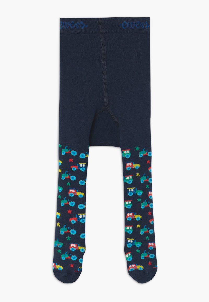 Navy cotton tights with a solid color waist. Lower legs feature colorful tractor and star patterns on a dark background.