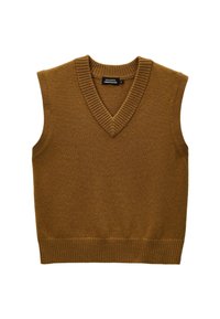 Pull sans manches marron avec un col en V, une bordure et un ourlet côtelés. Fabriqué dans un matériau doux et texturé, idéal pour le superposition.