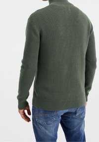 Maglione verde a coste con colletto alto, mostrato da dietro, presenta maniche lunghe e un tessuto texturizzato. Indossato con jeans blu.
