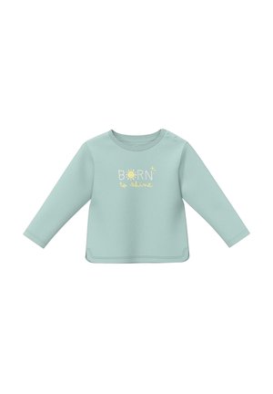 Jasnoniebieska bluzka niemowlęca z długim rękawem i zatrzaskami na ramionach, z napisem "Born to shine" i grafiką słońca na środku przodu.