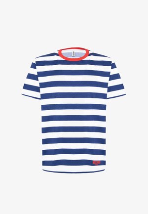 T-shirt a righe navy e bianche con maniche corte, colletto rosso e un piccolo logo rosso sull'orlo. Realizzato in un tessuto morbido e traspirante.