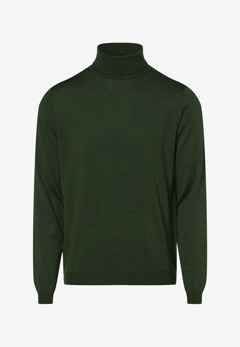 Maglione a collo alto verde scuro realizzato in un morbido tessuto a maglia, con maniche lunghe e colletto aderente, e una texture liscia e uniforme.