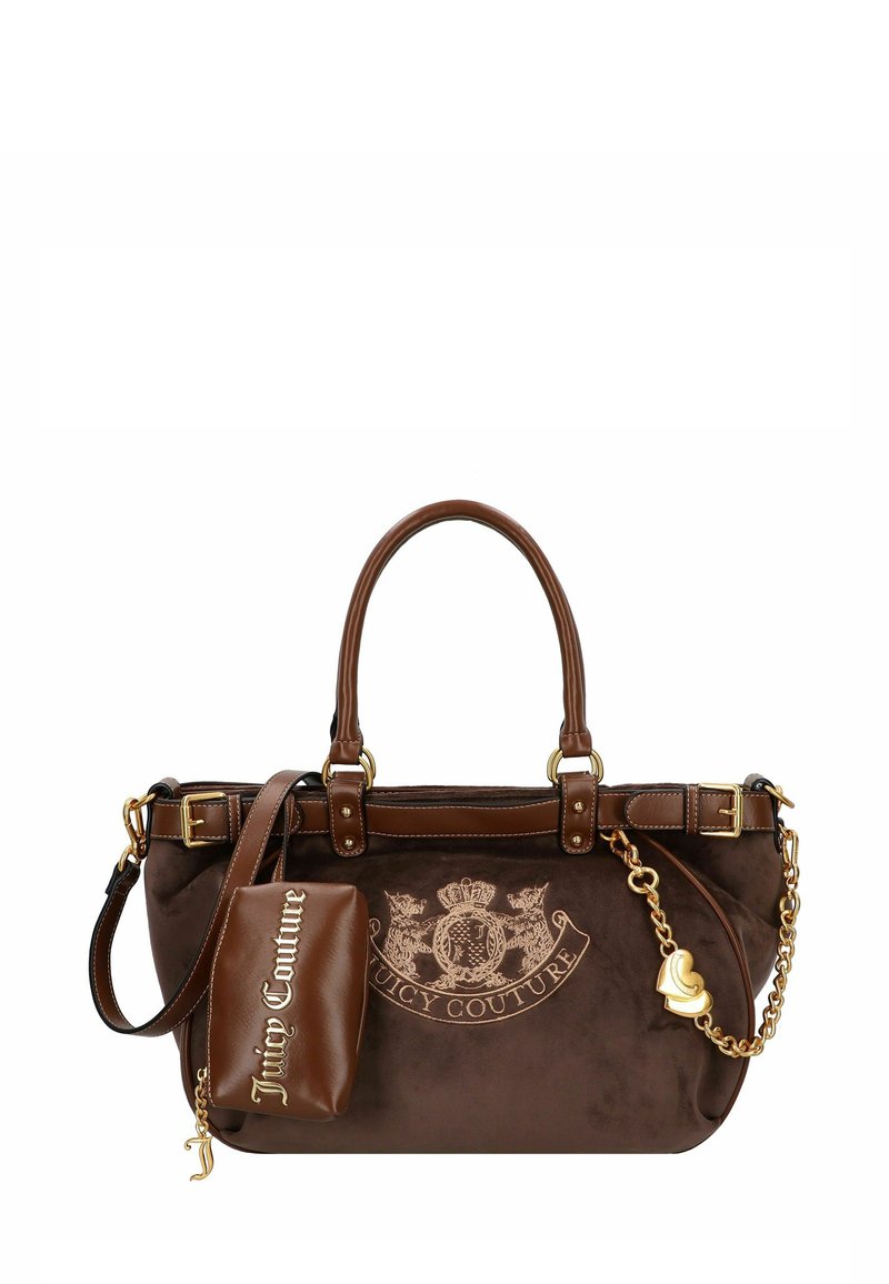 Borsa Juicy Couture marrone scuro con doppi manici, pochette attaccata, catena dorata con ciondoli a forma di cuore e ricamo del logo sul davanti.