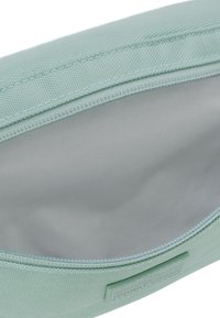 Helle grüne Stofftasche mit glattem Innenraum, Reißverschlussverschluss und subtiler Textur. Verfügt über ein kleines, eingeprägtes Etikett auf der Außenseite.