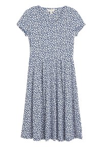Modré šaty s květinovým vzorem, krátké rukávy a výstřih do V. Áčkový střih s sklady v pase pro splývavý efekt. Lehčí látka.