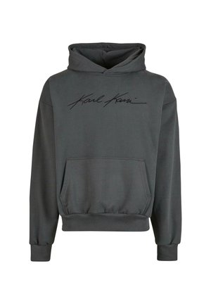 Gray hoodie made of soft fabric, featuring a kangaroo pocket, ribbed cuffs, and hem, with black "Karl Kani" logo on the front.
