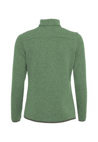 Groene fleece jas met een hoge kraag en lange mouwen. De textuur van de stof heeft een subtiel breipatroon. De zoom heeft een contrasterende afwerking.