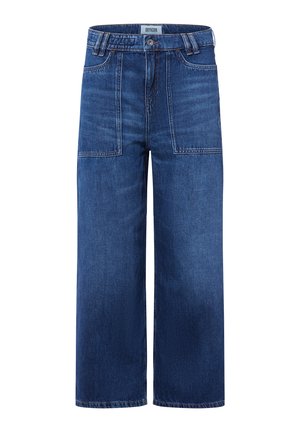 Weite blaue Denim-Hosen mit hoher Taille, ausgestattet mit zwei vorderen Taschen und kontrastierenden Nähten. Glatte Textur mit klassischem Finish.