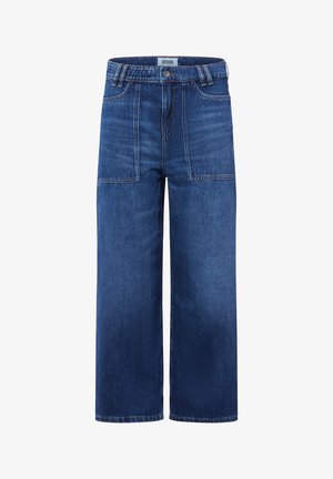 Weite blaue Denim-Hosen mit hoher Taille, ausgestattet mit zwei vorderen Taschen und kontrastierenden Nähten. Glatte Textur mit klassischem Finish.