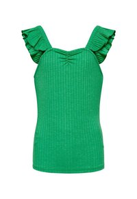 Débardeur vert à côtes avec des bretelles à volants, présentant un détail froncé au niveau du col. Tissu léger, silhouette ajustée.