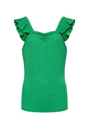 Débardeur vert à côtes avec des bretelles à volants, présentant un détail froncé au niveau du col. Tissu léger, silhouette ajustée.