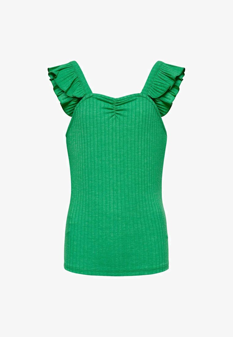 Débardeur vert à côtes avec des bretelles à volants, présentant un détail froncé au niveau du col. Tissu léger, silhouette ajustée.