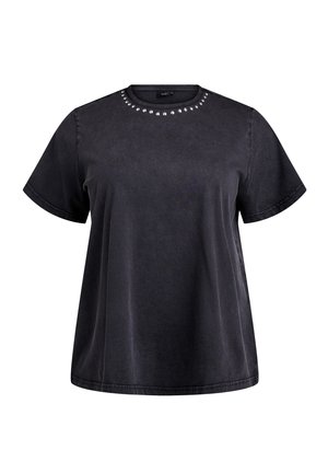 Black short-sleeve t-shirt with a relaxed fit. Features a round neckline adorned with metallic studs. Soft, textured cotton fabric.