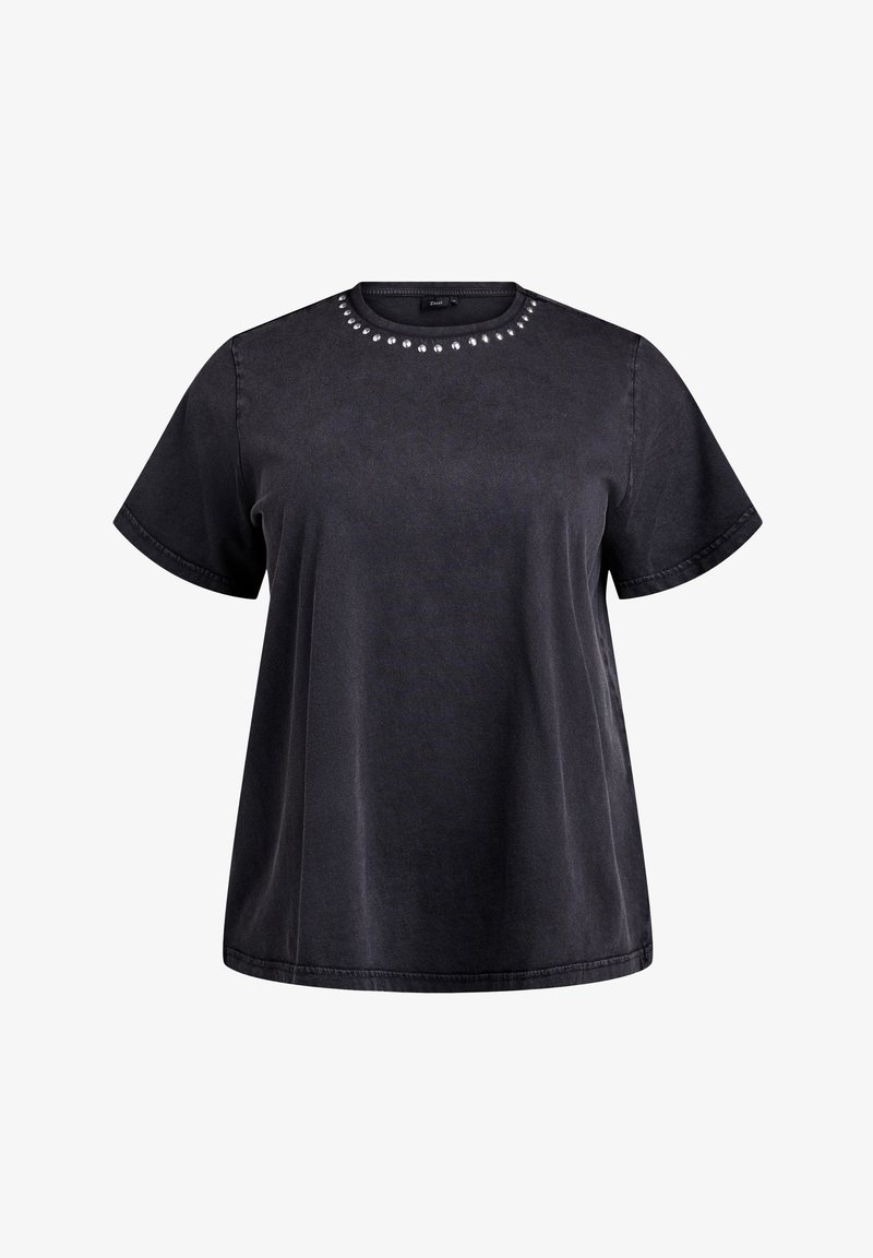 Schwarzes kurzärmliges T-Shirt mit lockerer Passform. Mit einem runden Halsauschnitt, der mit metallischen Nieten verziert ist. Aus weichem, strukturiertem Baumwollstoff.