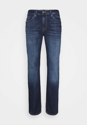 Mörkblå denimjeans med rak bendesign, femficksstil, subtil blekning och metallknapp i midjan.