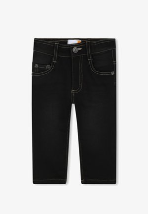 Jeans neri con cuciture gialle a contrasto, dotati di tasche frontali e chiusura con bottone in vita, su uno sfondo bianco.