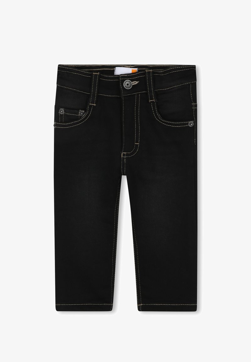 Jean noir avec des coutures jaunes contrastantes, présentant des poches avant et une fermeture à bouton à la taille, sur un fond blanc.