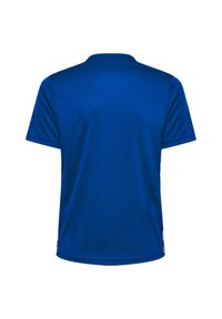 Blå kortärmad sportskjorta med rund hals, slät struktur och rak nederkant. Inga synliga logotyper eller mönster.