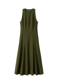 Vestido sin mangas color verde oliva con escote redondo y silueta acampanada. La textura suave y las costuras verticales brindan un aspecto estructurado.